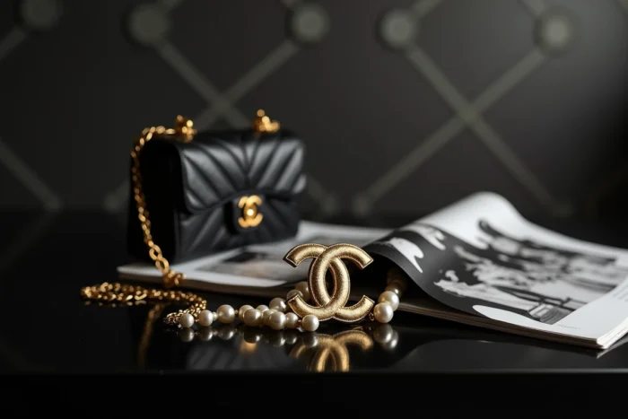 Accessoires emblématiques de la mode française : broche dorée, collier de perles et sac en cuir matelassé rappelant l'univers Chanel