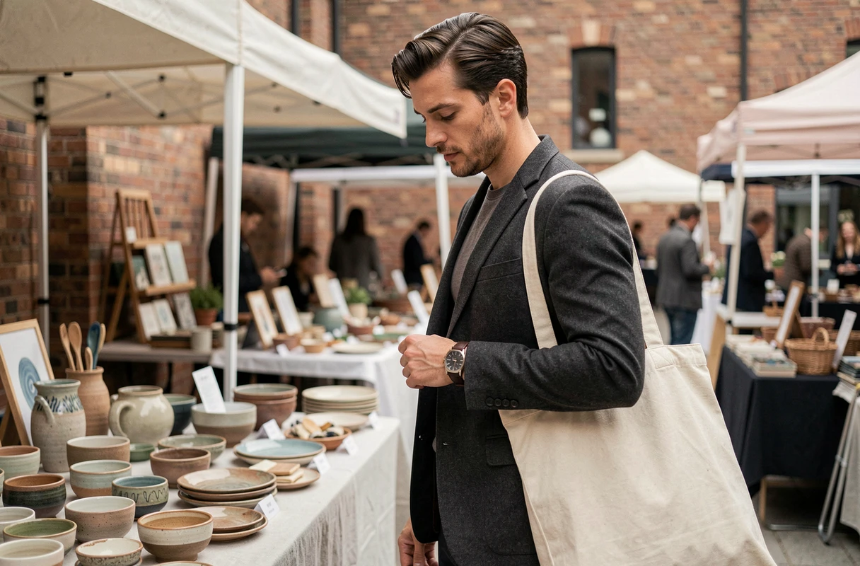 Homme élégant avec une montre en cuir et un tote bag structuré dans un marché urbain animé le week-end