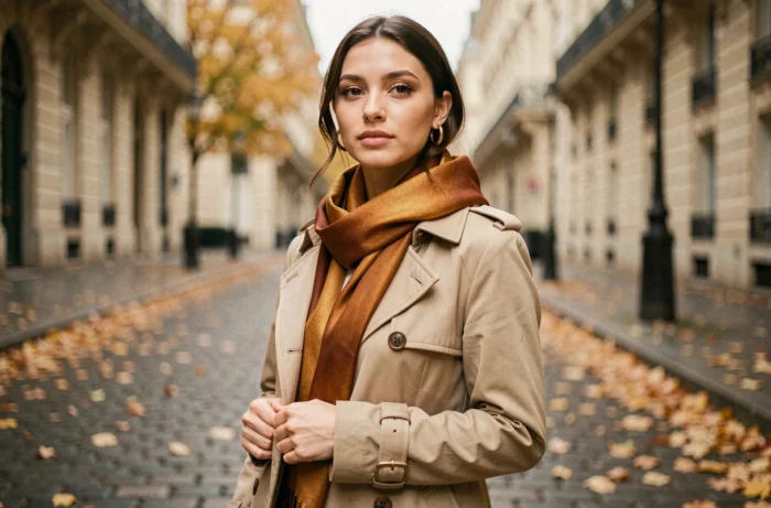 Femme portant un foulard en soie et des boucles d'oreilles dorées avec un trench coat beige dans une rue pavée parisienne en automne