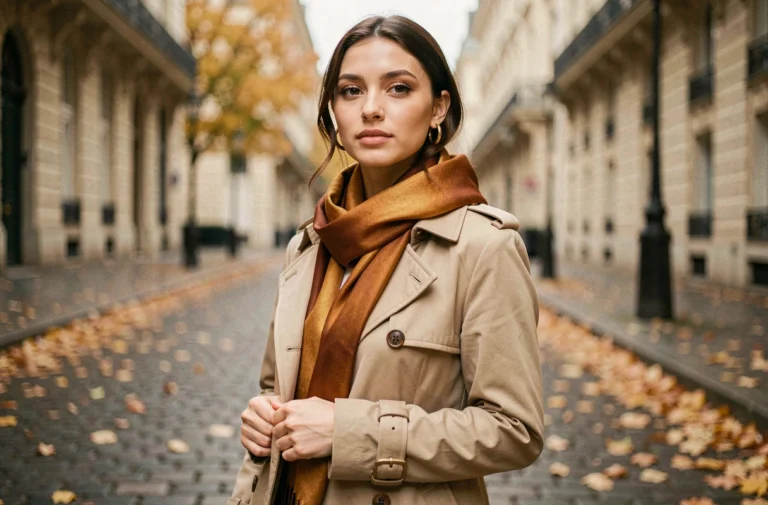 Femme portant un foulard en soie et des boucles d'oreilles dorées avec un trench coat beige dans une rue pavée parisienne en automne