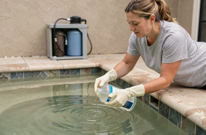Femme ajoutant un clarifiant liquide dans une piscine à l'eau trouble et saturée