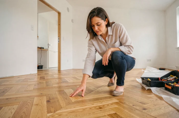 Femme inspectant l'installation d'un parquet en chevron lors de travaux d'aménagement intérieur