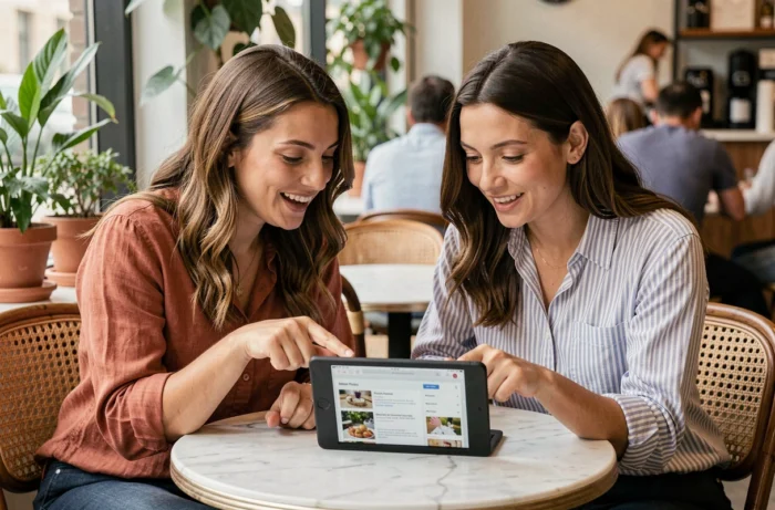 Due amiche che scoprono suggerimenti per lo shopping online insieme attorno a un tablet in un caffè alla moda