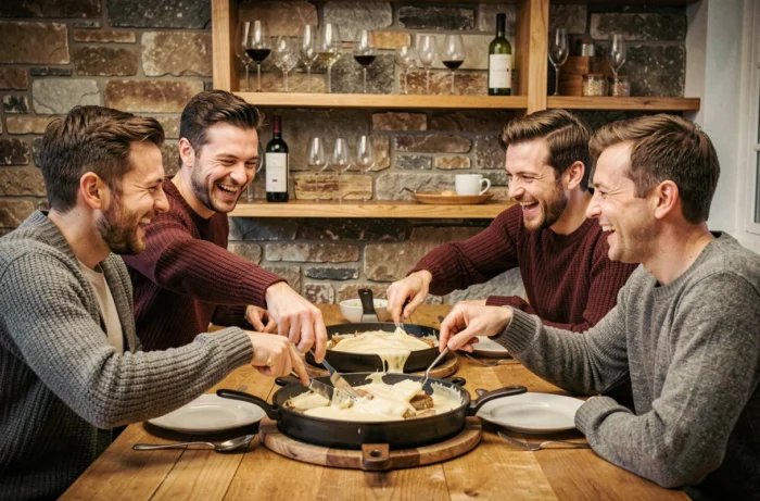 Gruppo di amici adulti che condividono una raclette conviviale attorno a un tavolo in interno con vino bianco e formaggio fuso