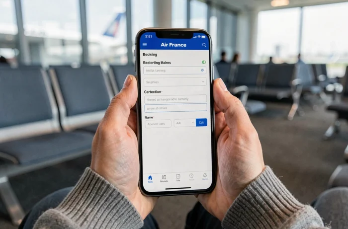 Smartphone affichant l'application Air France pour modifier le nom sur un billet en ligne