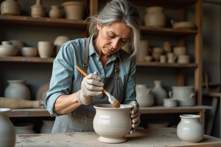 Céramiste appliquant l'émail raku au pinceau sur une pièce en argile crue dans un atelier artisanal