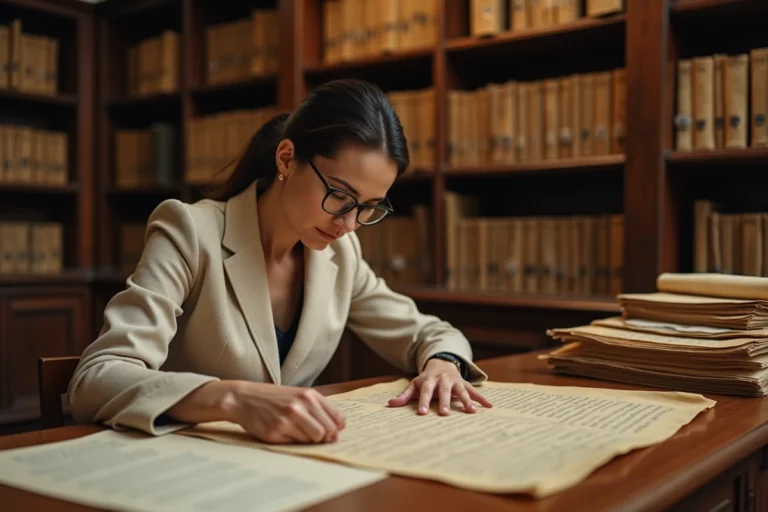 Archiviste femme examinant un document ancien dans une salle d'archives historique avec des étagères en bois remplies de registres