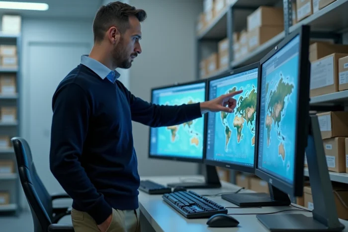 Archiviste homme travaillant sur une station de numérisation de documents historiques dans un centre d'archives moderne