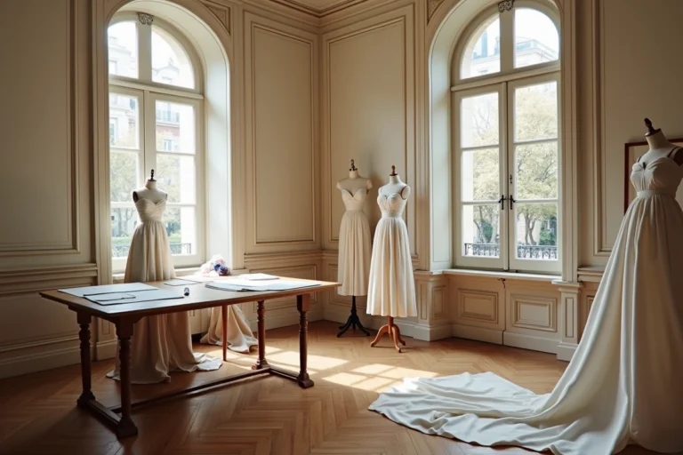 Atelier de haute couture parisien avec mannequins et tissus en soie, évoquant l'héritage de Chanel
