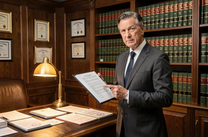Avvocato specializzato in diritto del lavoro che consulta testi giuridici sugli usi aziendali nel suo studio