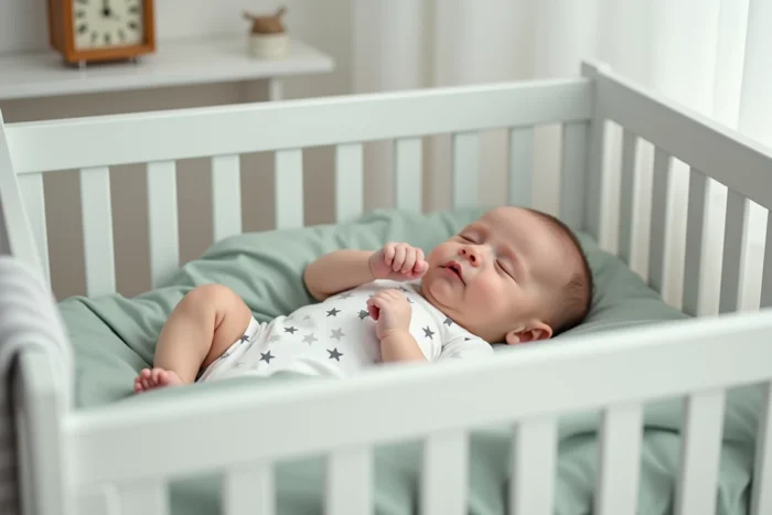 Bébé de six mois dormant paisiblement dans son lit à barreaux blanc après un suivi de coach sommeil