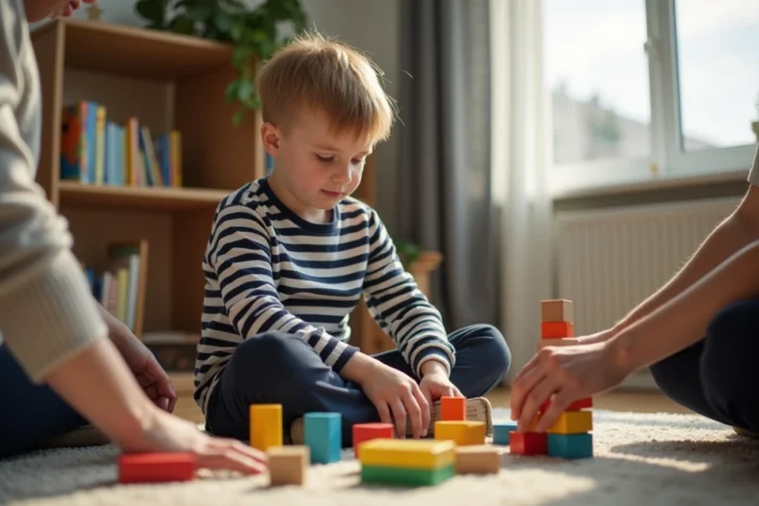 Enfant et parent construisant ensemble une tour de blocs en bois dans un salon chaleureux, symbole de complicité et de développement de l'enfant