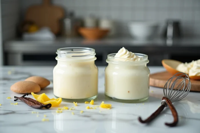 Deux bocaux en verre de crème fraîche et de mascarpone sur un comptoir en marbre dans une cuisine de pâtisserie professionnelle avec des ingrédients de recette