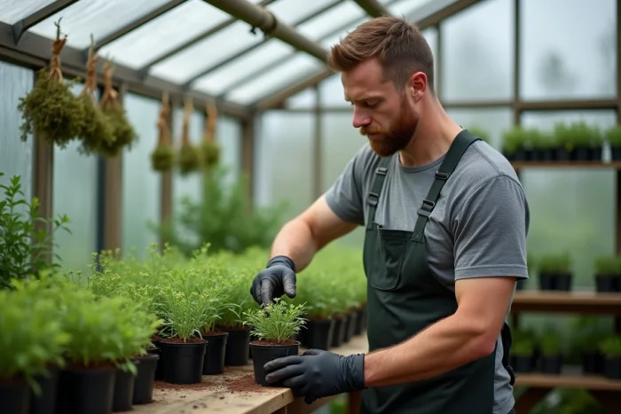 Homme réalisant des boutures de tanaisie dans des petits godets en serre de multiplication