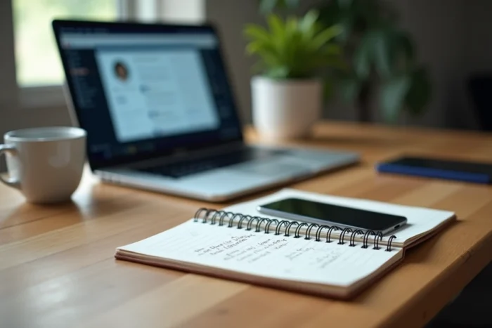 Bureau minimaliste avec smartphone et ordinateur représentant les enjeux de confidentialité et fuites de données en ligne