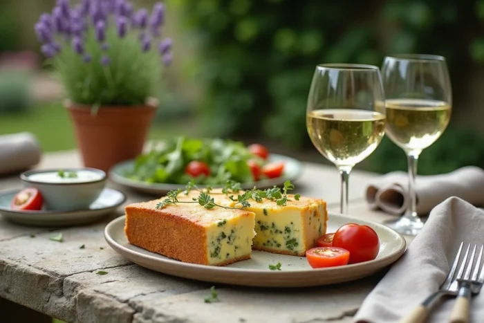 Repas estival en plein air avec un cake aux courgettes et chèvre accompagné d'une salade verte et d'un verre de vin blanc