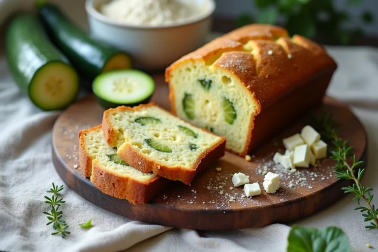 Cake aux courgettes et chèvre tranché sur une planche en bois rustique, entouré de courgettes fraîches et de fromage de chèvre émietté