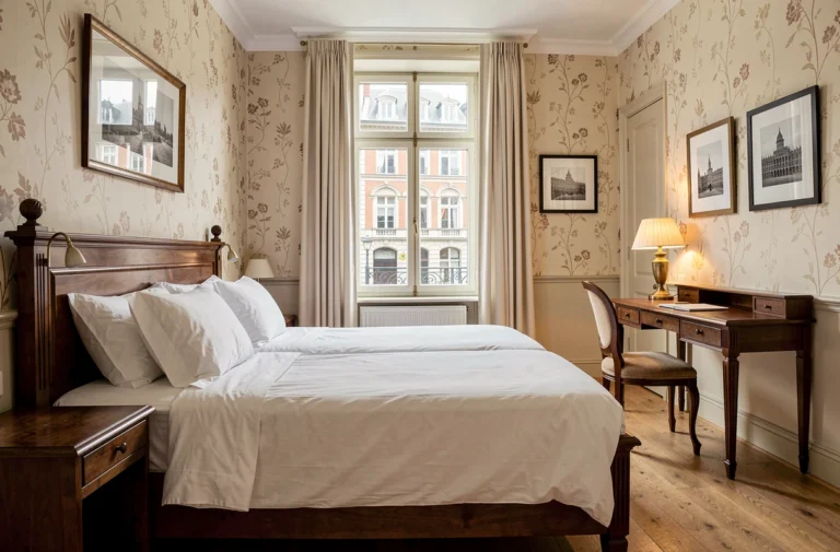 Chambre d'hôtel boutique confortable à Bruxelles avec lit double en lin blanc et vue sur des façades Art Nouveau