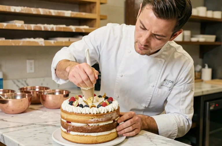 Chef pâtissier finalisant un gâteau de compétition décoré de feuilles d'or et de fruits rouges dans une cuisine professionnelle