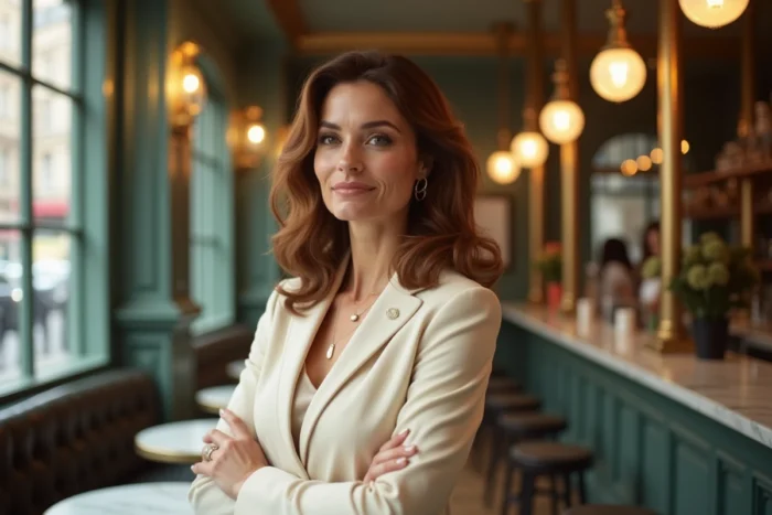 Portrait élégant d'une femme aux cheveux châtains dans un café parisien, style biographie célébrité