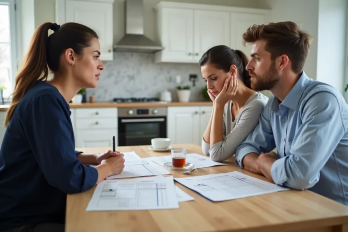 Coach sommeil bébé en consultation avec des parents autour d'un planning de sommeil sur une table
