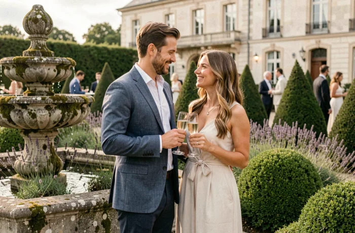 Casal elegante durante um coquetel ao ar livre em um domínio privado verdejante perto de Paris