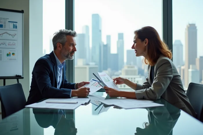 Deux professionnels collaborant autour d'une table en verre pour développer une stratégie de business en ligne avec des rapports et une tablette numérique