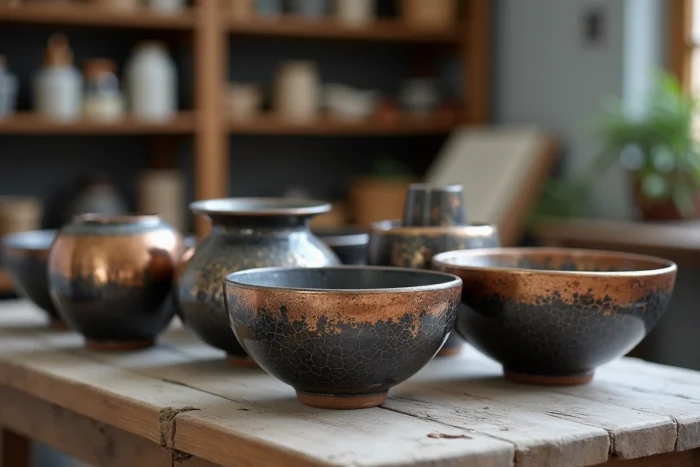 Collection de céramiques raku finies présentant les émaux craquelés métalliques et les traces de fumée caractéristiques de la cuisson raku