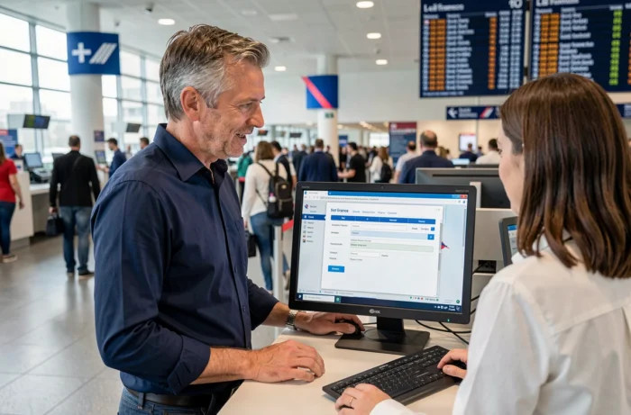 Passager demandant la modification d'un nom sur son billet à un agent Air France au comptoir d'enregistrement