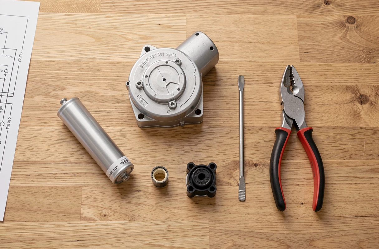 Condensateur moteur Somfy démonté posé sur un établi avec outils de remplacement
