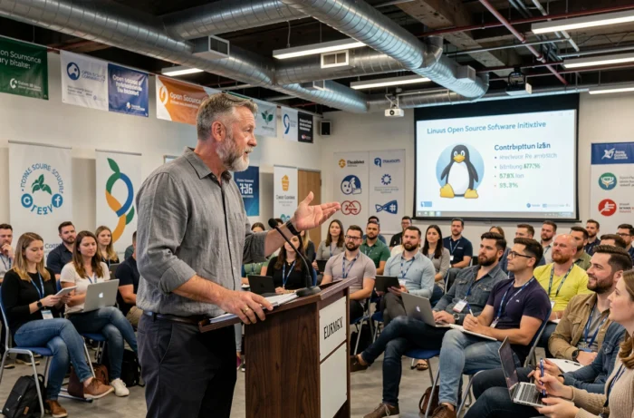 Relatore che presenta un'iniziativa software libero durante un meetup tech comunitario