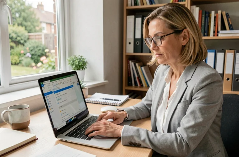 Femme professionnelle configurant une adresse mail Versailles sur Outlook depuis un bureau à domicile