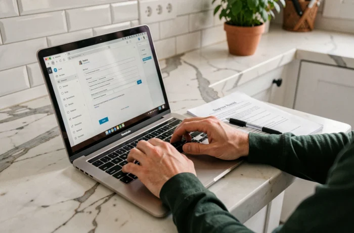 Mains configurant les paramètres IMAP SMTP d'une adresse mail Versailles sur un ordinateur portable avec guide imprimé