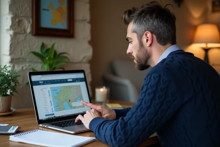 Homme consultant le plan du site du Portail Breton sur un ordinateur portable dans un bureau en pierre bretonne