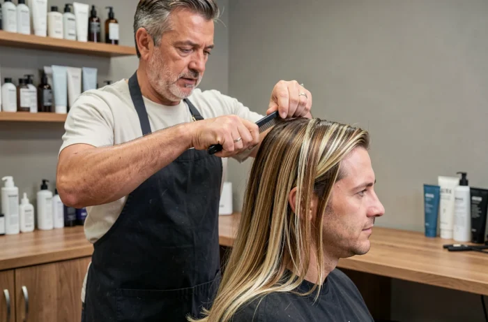 Coiffeur professionnel corrigeant des mèches blondes ratées sur un client masculin en salon