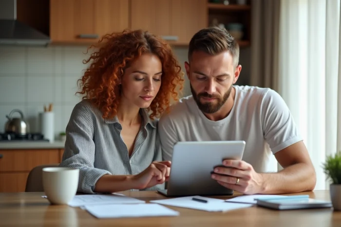 Couple consultant une application de sécurité maison sur tablette dans leur cuisine