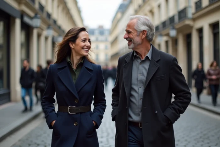 Couple élégant se promenant dans les rues pavées de Paris, ambiance vie privée de célébrités françaises
