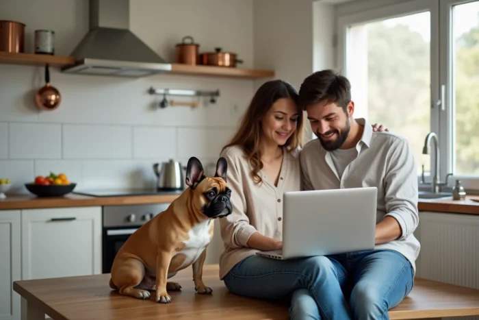 Couple comparant des offres d'assurance santé animale sur un ordinateur portable avec leur bouledogue français dans une cuisine moderne
