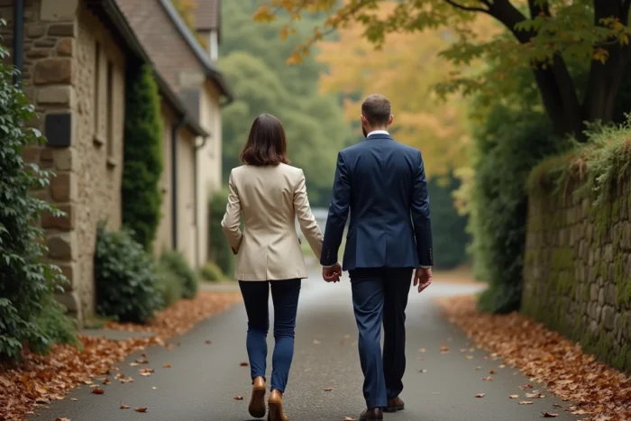 Couple élégant marchant main dans la main dans un village français, atmosphère mariage intime et vie privée préservée