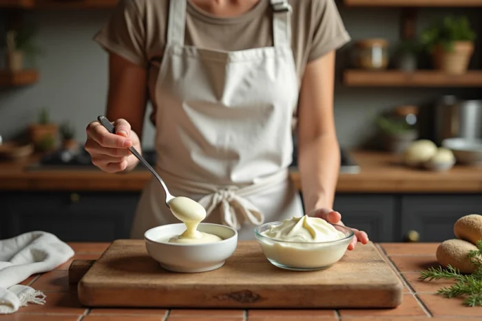 Comparaison de crème fraîche et de mascarpone dans des ramequins céramiques posés sur une planche en bois rustique dans une cuisine artisanale