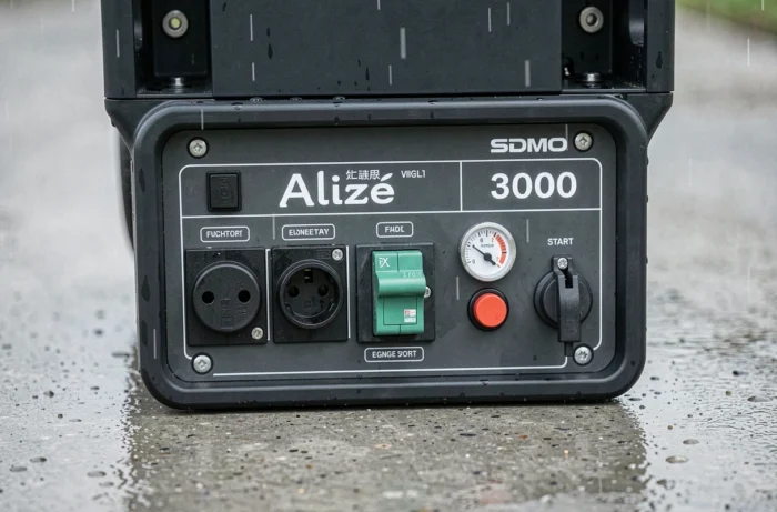 Gros plan sur le tableau de commande et les prises du générateur SDMO Alizé 3000 posé sur du béton en extérieur