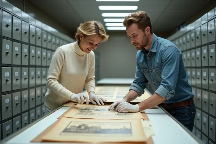 Deux archivistes en gants de coton examinant des photographies historiques et des plans dans un département de conservation