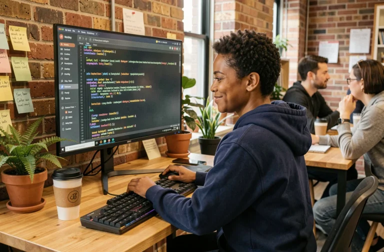 Développeuse contributrice à un projet open source sur GitHub dans un espace de travail collaboratif moderne
