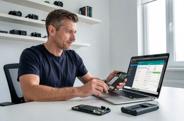 Homme diagnostiquant un smartphone Android avec un logiciel sur ordinateur portable et remplacement de batterie