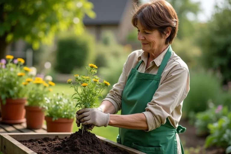 Jardinière divisant une touffe de tanaisie mature avec une fourche dans un jardin extérieur ensoleillé