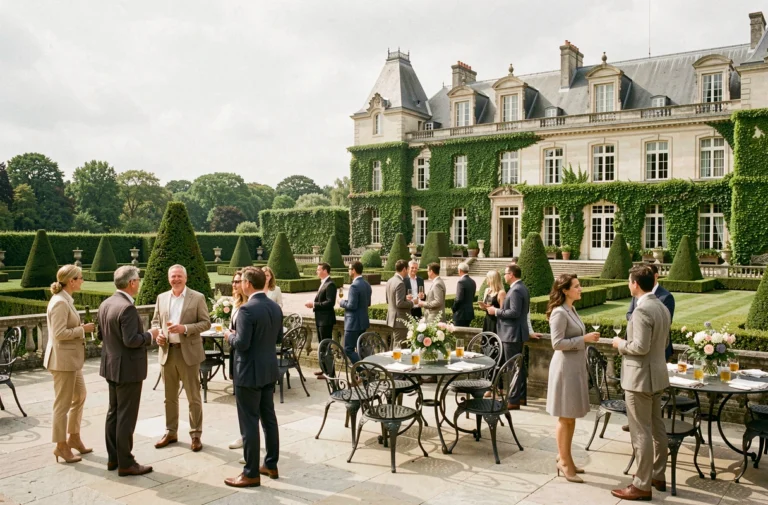 Domaine privé près de Paris avec terrasse élégante et jardins à la française pour événements haut de gamme