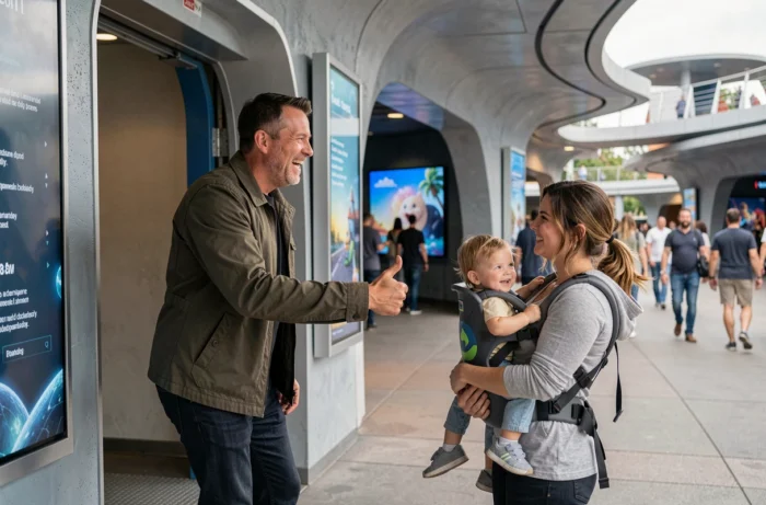 Parents effectuant l'échange baby switch à la sortie d'une attraction du Futuroscope, père sortant et mère avec bébé attendant