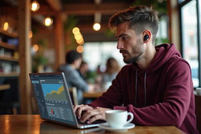 Jeune entrepreneur travaillant sur une campagne publicitaire en ligne depuis un café urbain avec son ordinateur portable