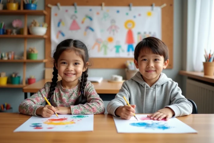 Deux enfants concentrés sur une activité artistique de peinture aquarelle en classe, illustrant l'épanouissement créatif et le bien-être scolaire