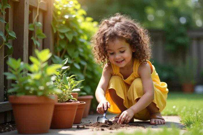 Jeune fille épanouie qui jardine avec soin dans un jardin verdoyant, illustrant le bien-être et l'éveil de l'enfant au quotidien